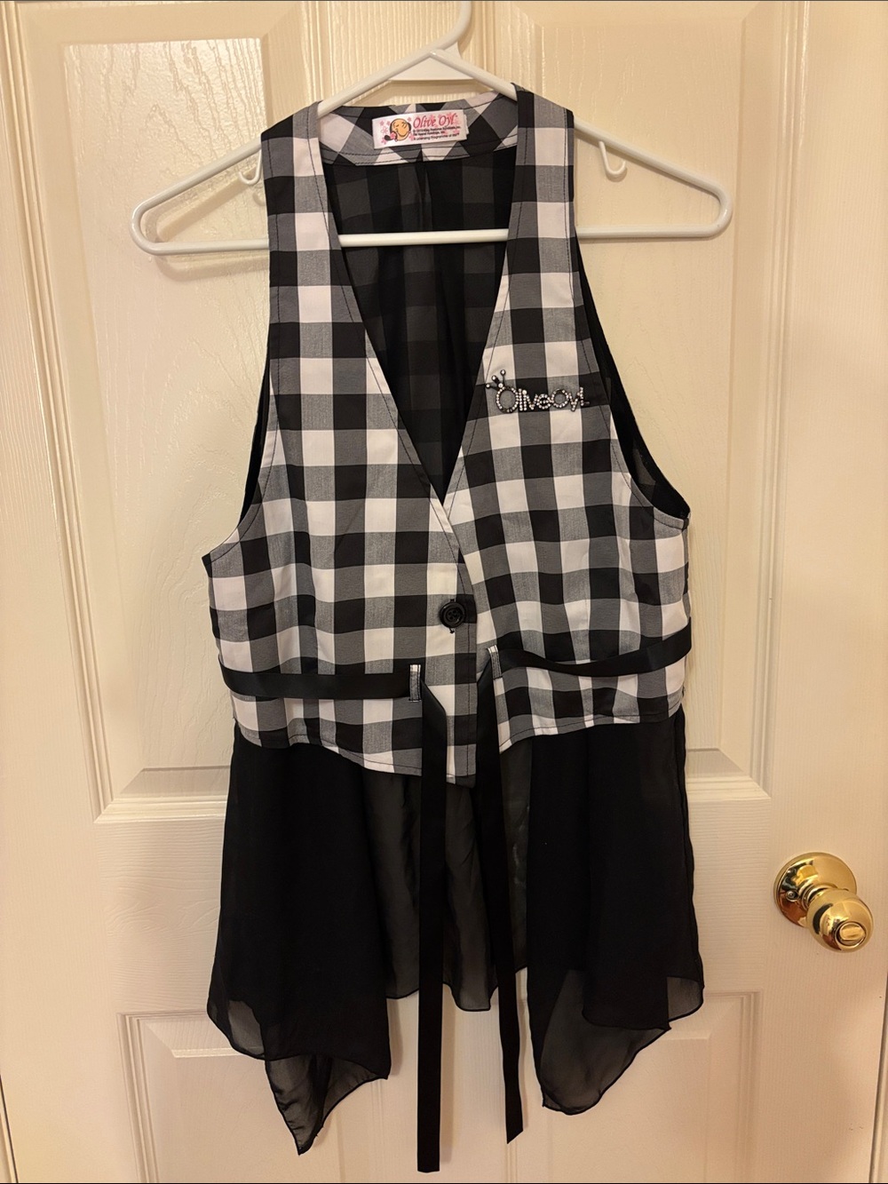 Black & White Gingham Vest with Chiffon Drape